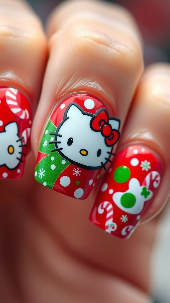 Hello Kitty Christmas nail art design with festive colors and decorations.